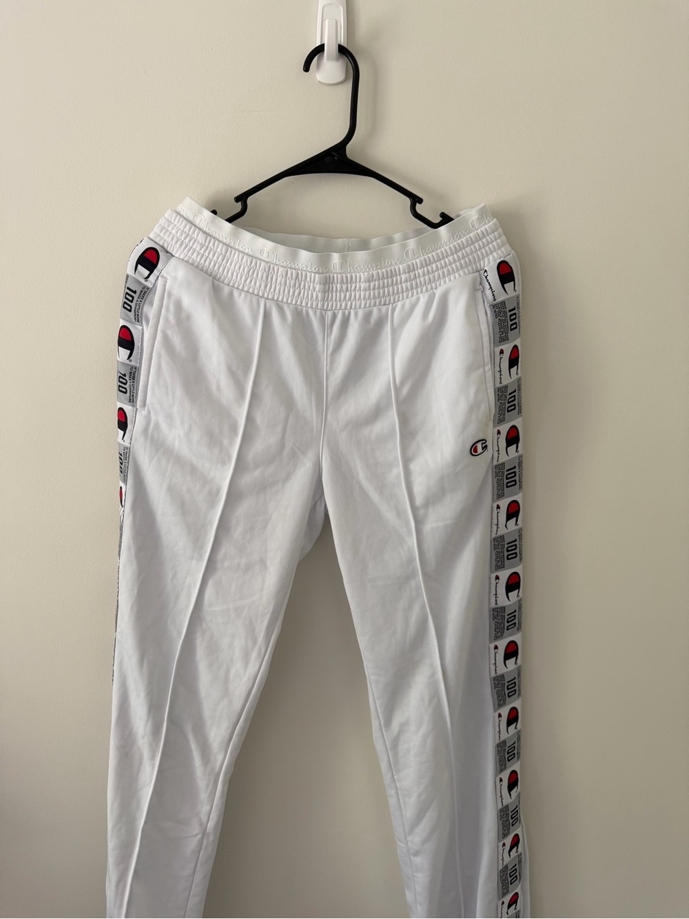 Champion White Joggers with Red & Black Logo Tape
